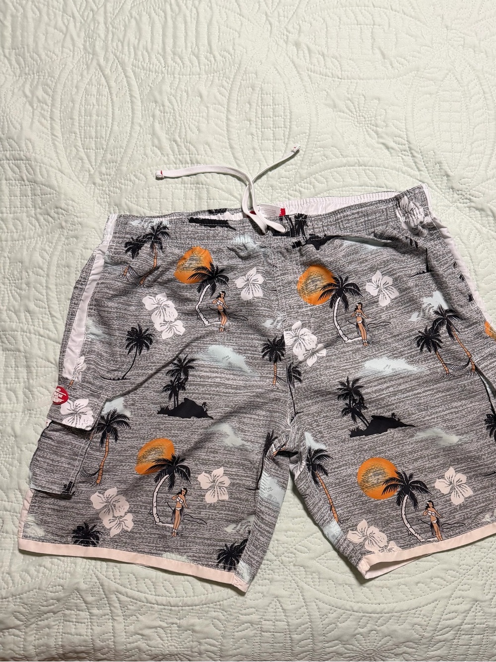 Ingear Gray Tropical Print Swim Trunks with Orange Sun Accents